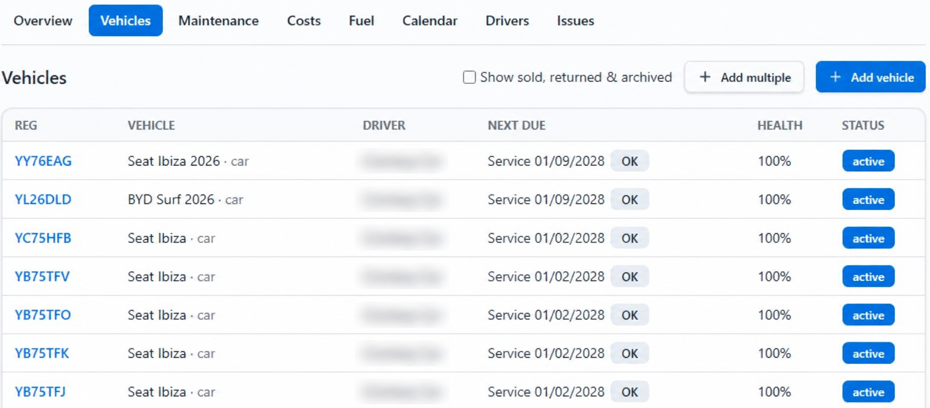 FileGuard vehicle register with vehicle details, driver assignment, next due item, health and status