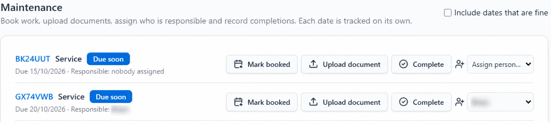 FileGuard Fleet maintenance actions for booking work, uploading documents, completing work and assigning responsibility