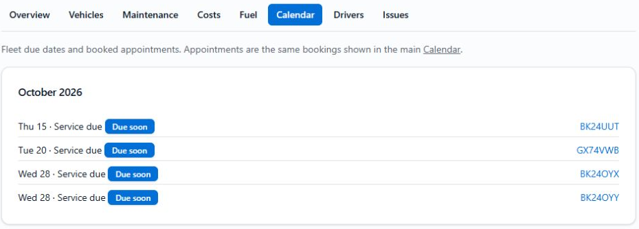 FileGuard Fleet Calendar listing upcoming vehicle service dates